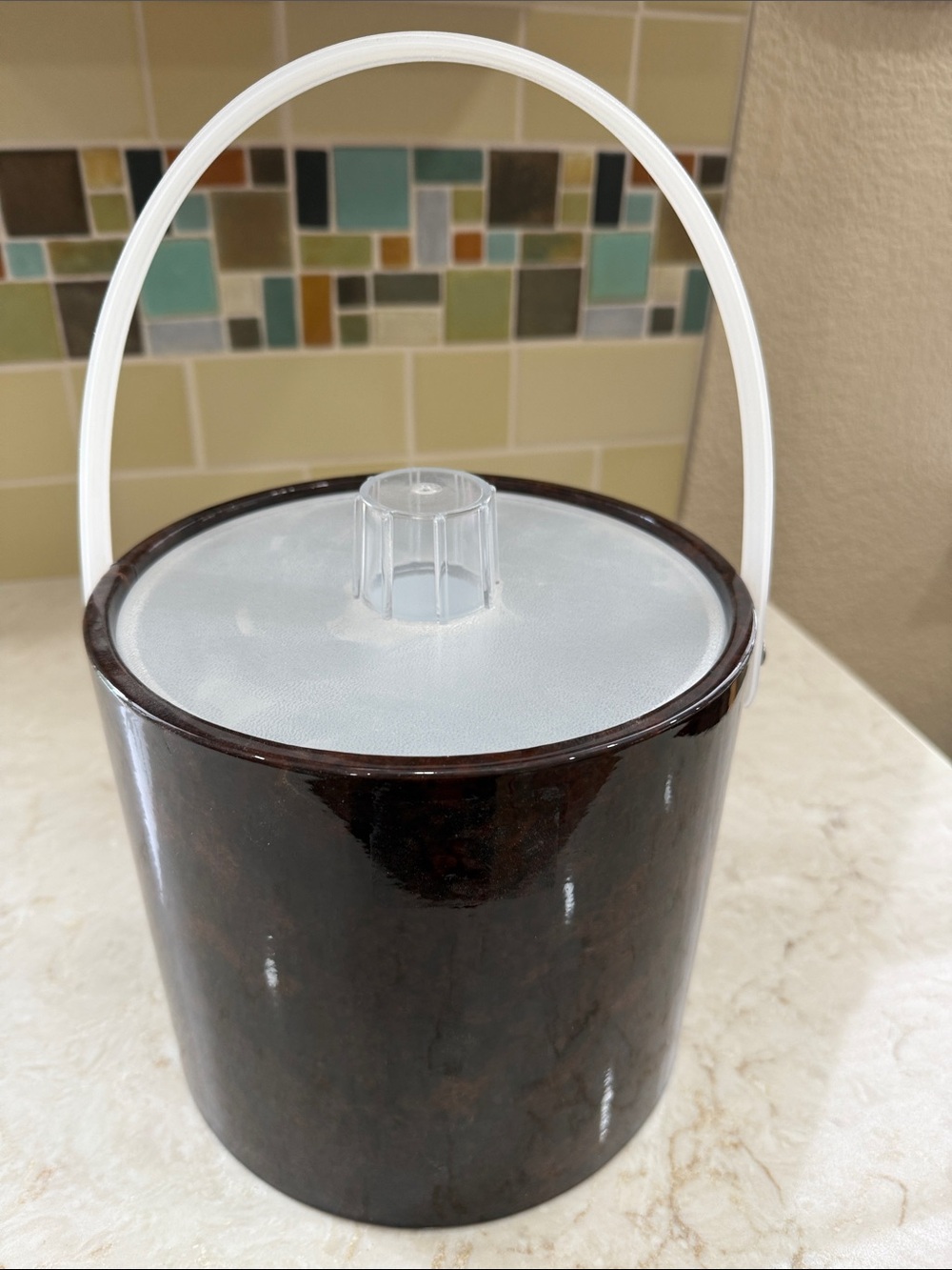 Vintage Brown Ice Bucket with White Handle